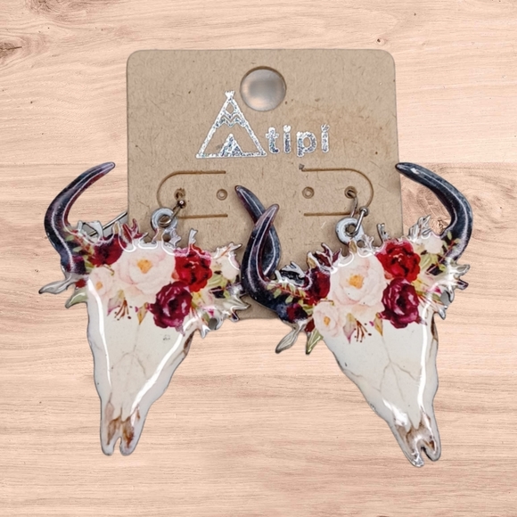 Boho Steer Skull Longhorn Floral Western Earrings - Picture 1 of 6